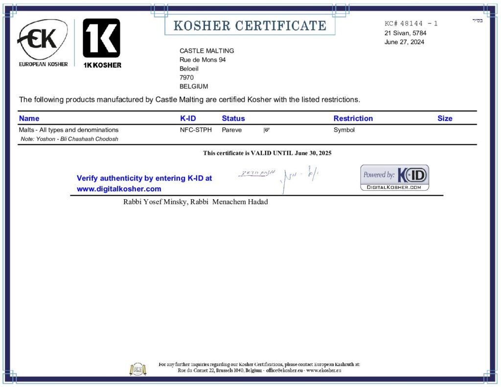 Castle malting kosher certificate july 2024 june 2025
